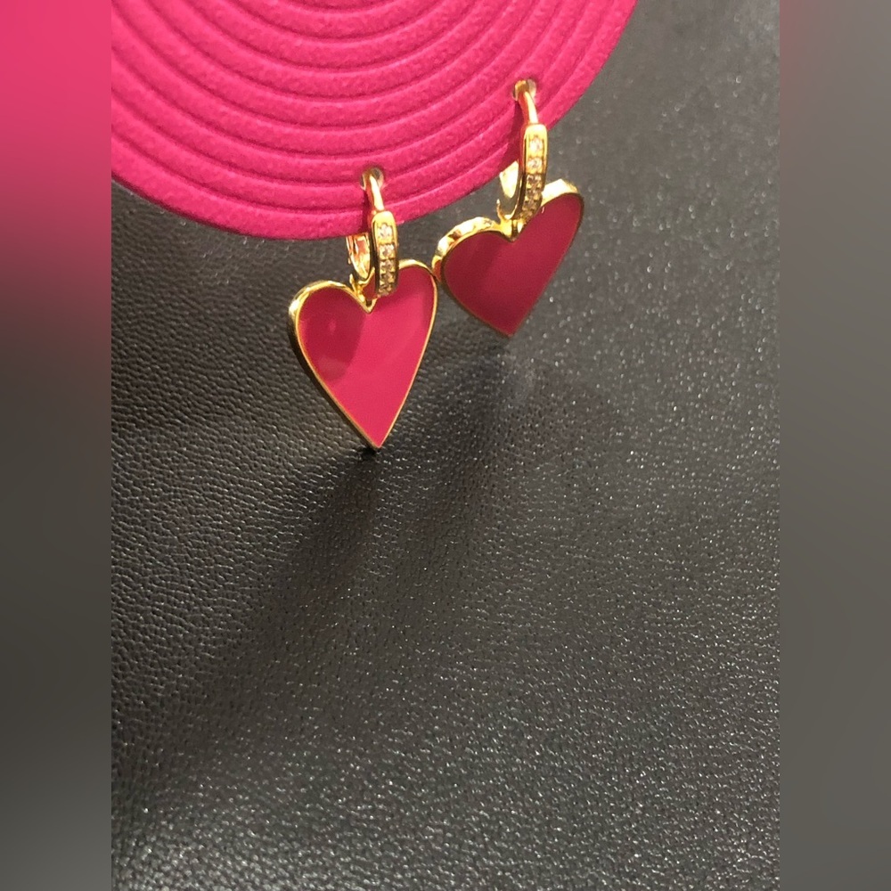pink & gold plated sterling silver cubic zirconia heart shaped dangling earrings